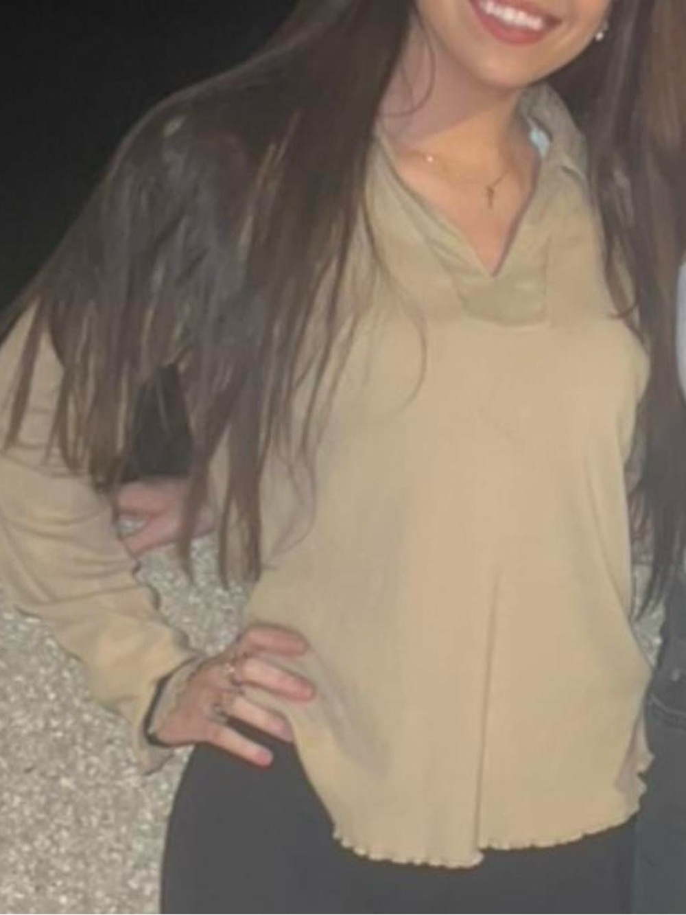 bill blass Neutral Beige V-Neck Long Sleeve Top